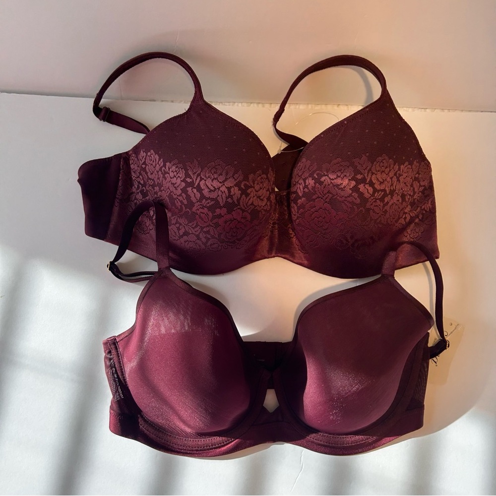 New! Soma Bra Bundle Burgundy Wine Lot of 2 Floral Lace & Smooth Full Coverage